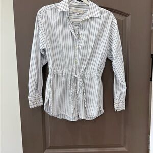 LOFT White and Gray Striped Shirt with Drawstring